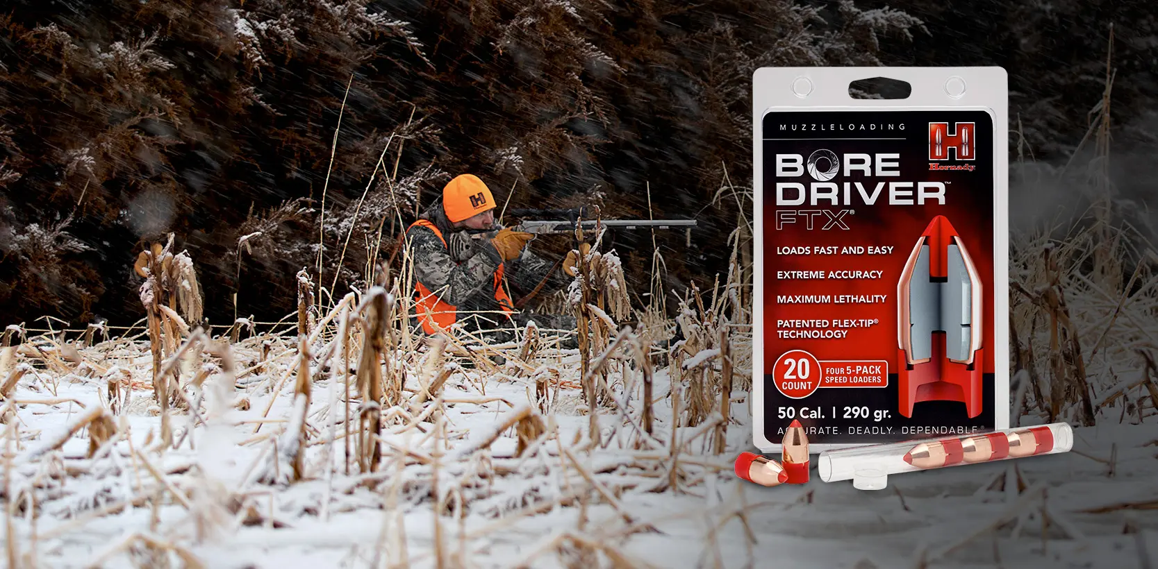 Slide number 34 There’s a newRED HEADin town.
Without a sabot, the new Bore Driver™ FTX® seats quickly, delivers deep penetration and expansion and enhanced terminal performance with the aid of its performance-boosting polymer base. 
Find Out More