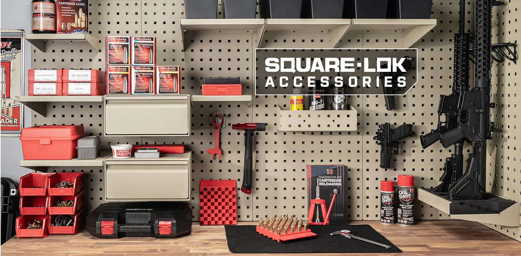 Slide number 26 ORGANIZEYOUR GUN SAFE, GUNROOM OR WORK BENCH
Part of our 2023 New Product Line
The revolutionary Square-Lok™ modular system continues to expand with accessories that lock in easily and hold firmly for countless storage configurations.
Find Out More