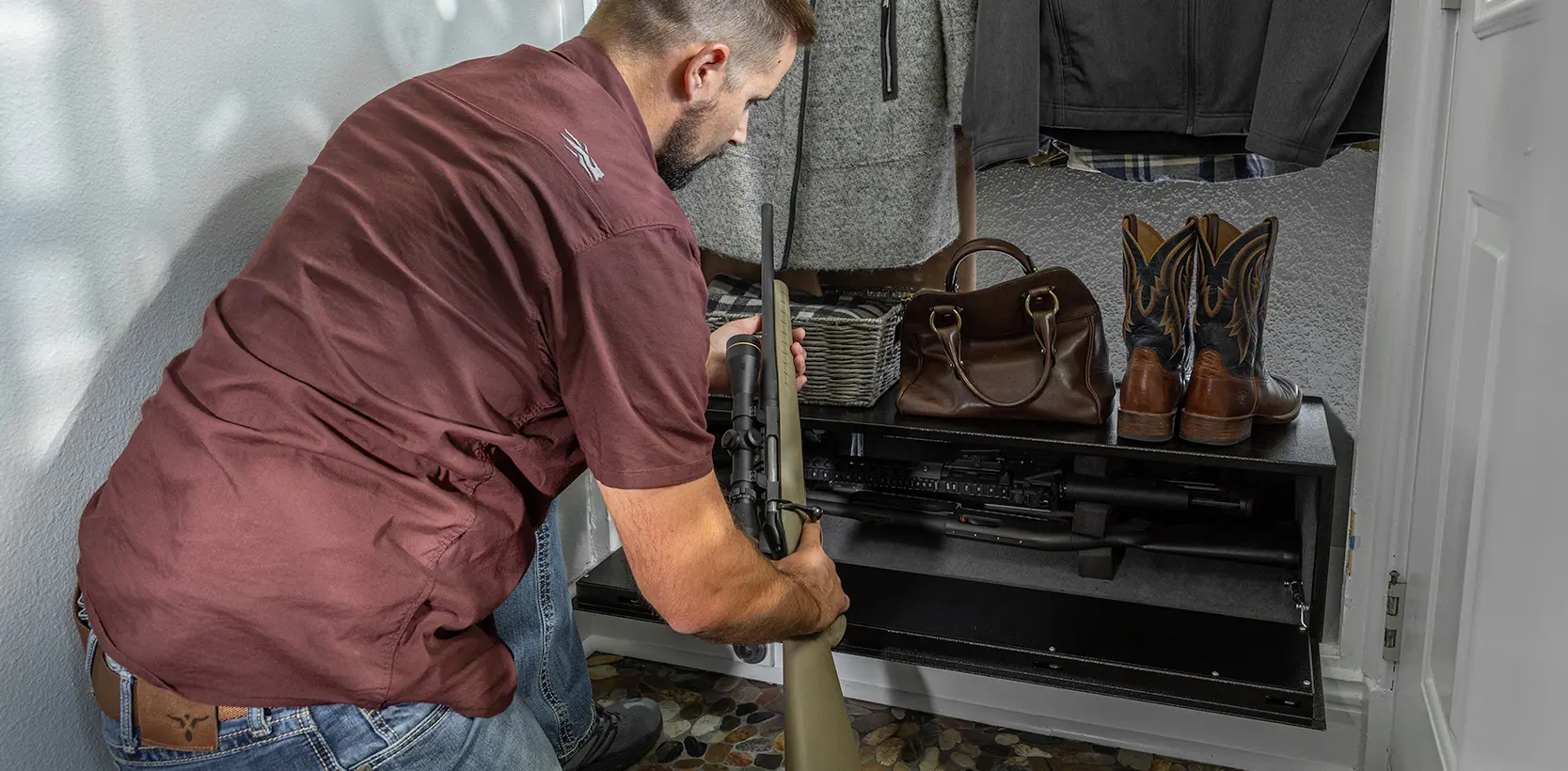 Slide number 3 Store up to threerifles in the newAR GUNLOCKER XL
The fully enclosed design of our AR Gunlocker XL provides convenient, tamper-proof security for up to three tactical length rifles. 
Find Out More
